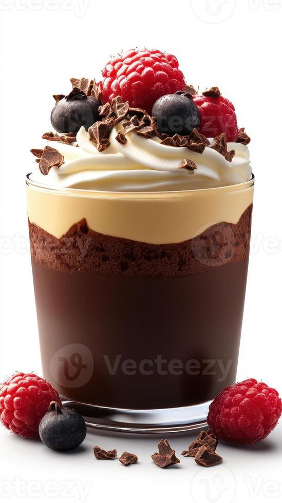 Delicious dessert featuring layered chocolate mousse topped with whipped cream and fresh berries in a stylish glass cup photo