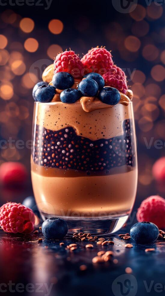 Delicious dessert with layers of chocolate, fruit, and earthy textures topped with blueberries and raspberries at night photo