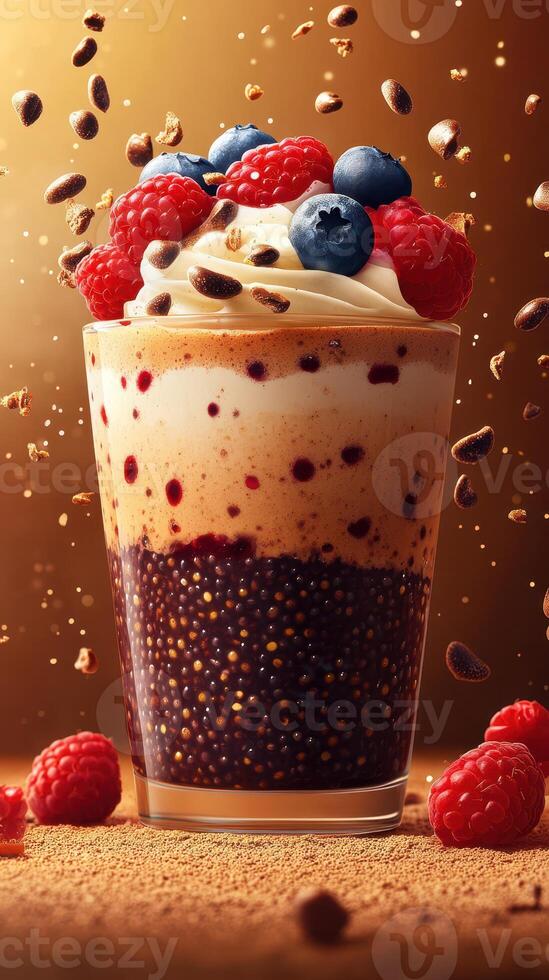 Delicious dessert with layers of cream, berries, and chocolate in an artistic presentation photo