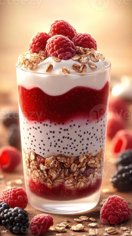 Layered dessert with raspberries, yogurt, and granola showcasing vibrant colors and textures in a well-lit setting photo