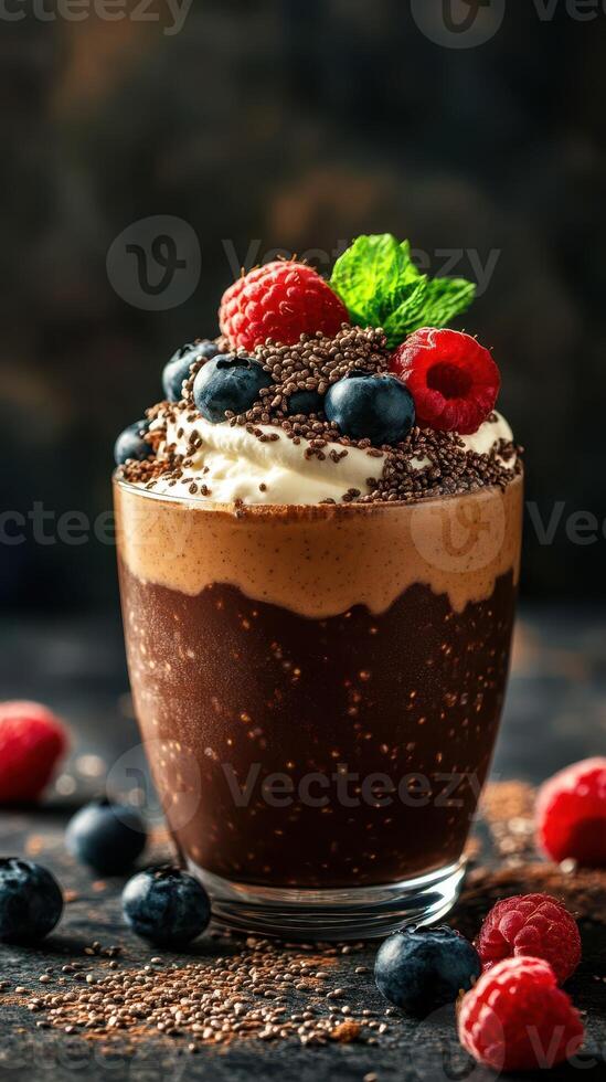 Delicious dessert featuring chocolate mousse topped with berries and cream in an elegant glass setting photo