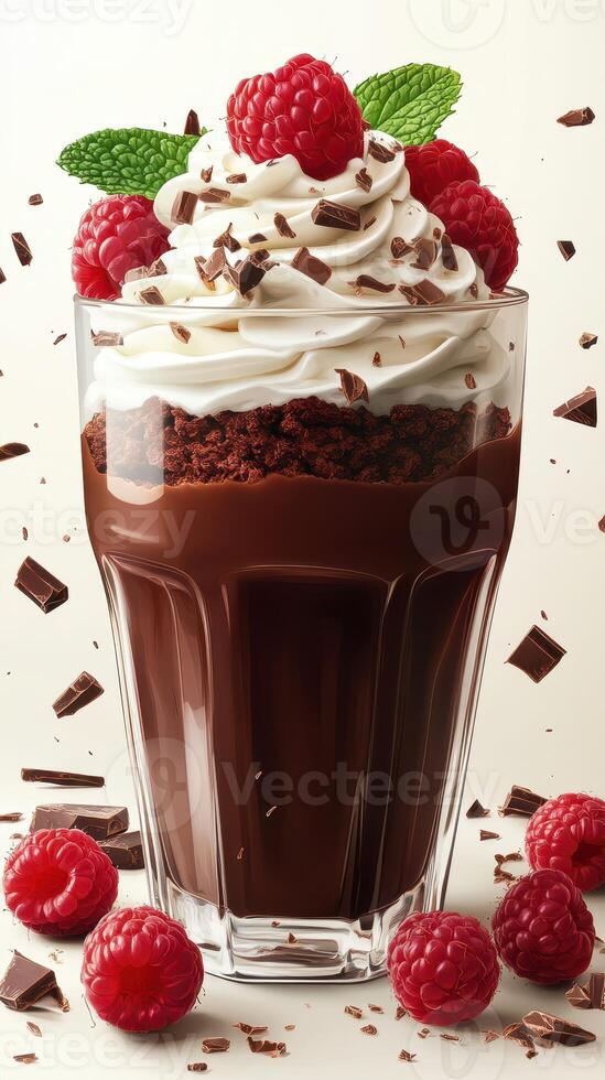 Indulgent dessert with layers of chocolate, whipped cream, fresh raspberries, and mint leaves on a light background photo
