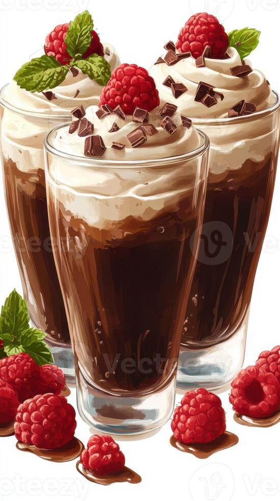 Delicious chocolate desserts topped with whipped cream and fresh raspberries in clear glasses on a white background photo