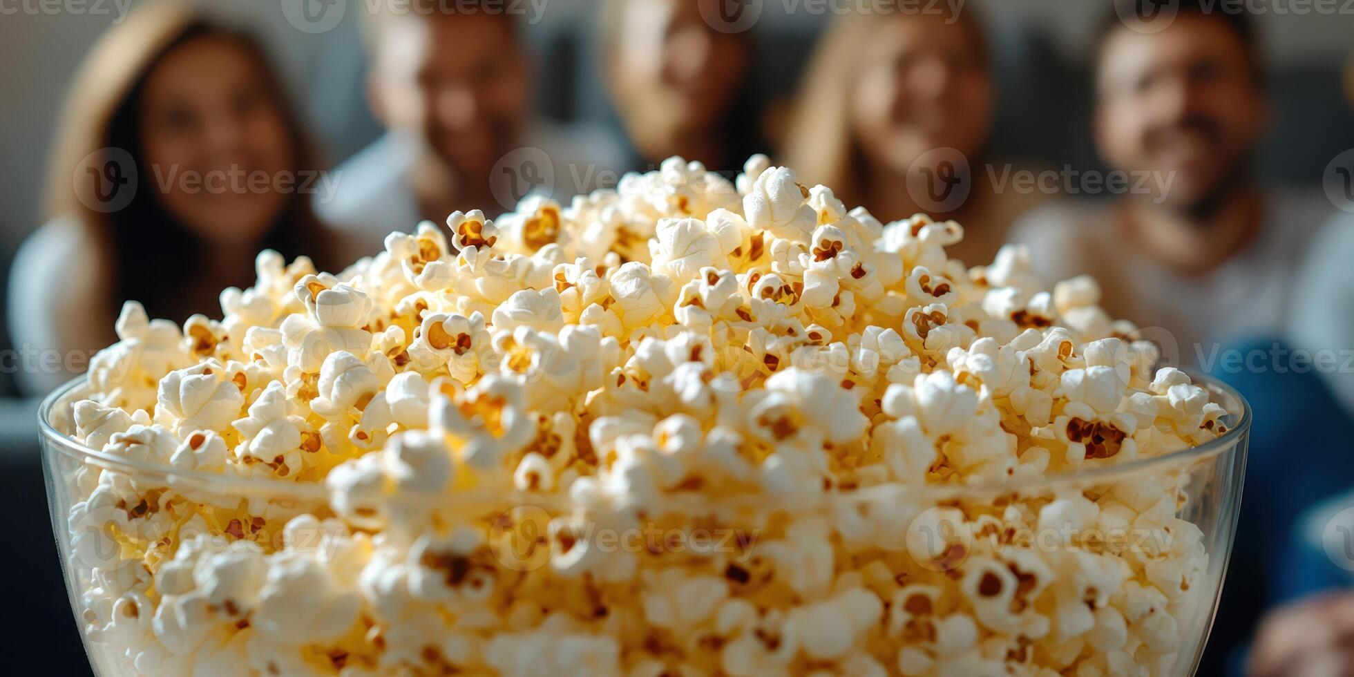 Friends enjoying a movie night with a large bowl of popcorn in front of them while relaxing on a couch photo