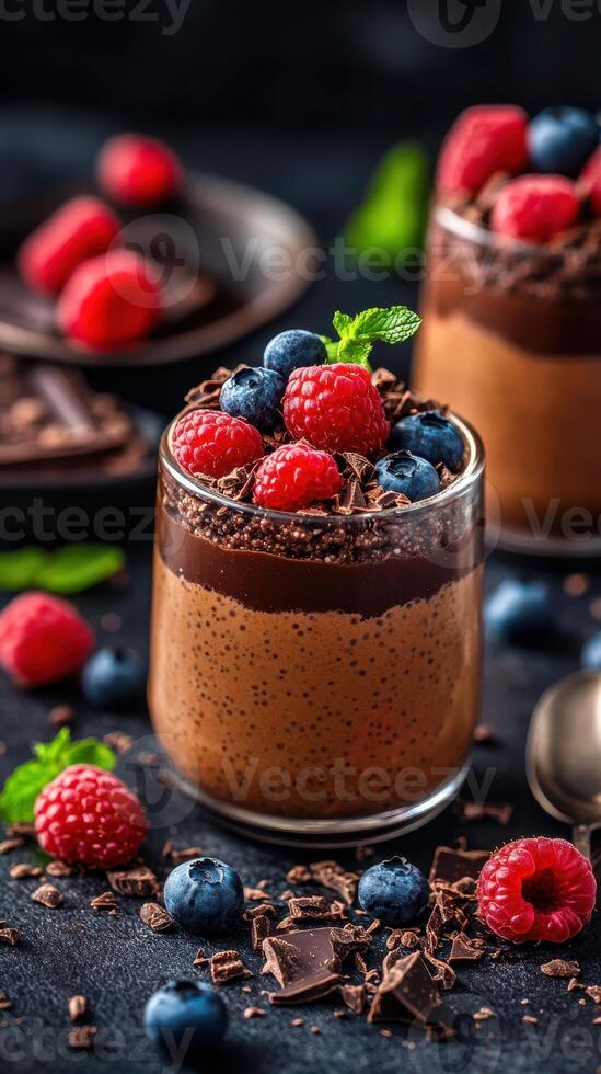 Decadent chocolate dessert topped with fresh berries directly from a kitchen setting photo