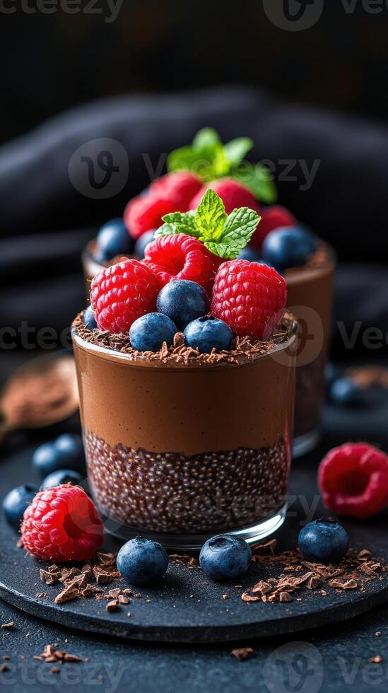 Delicious chocolate chia pudding topped with fresh raspberries and blueberries served on a dark plate photo
