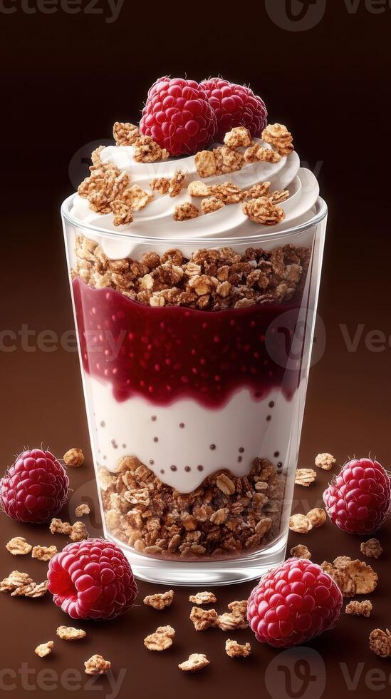 Delicious layered dessert with raspberry, cream, and crunchy granola on a dark background photo