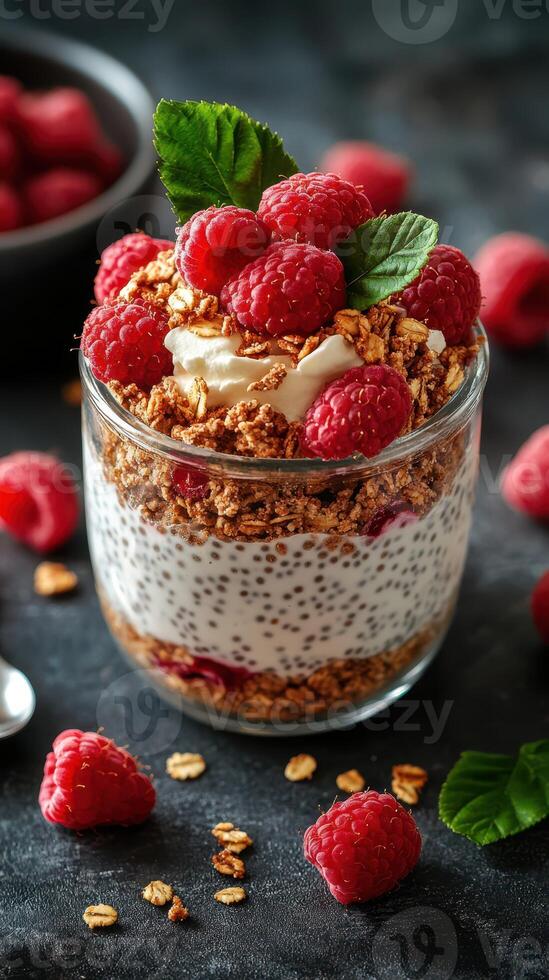 Delicious raspberry parfait with granola and yogurt served in a glass jar on a dark background photo