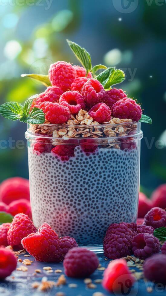 Chia seed pudding topped with fresh raspberries and mint, served in a glass jar with a natural setting photo