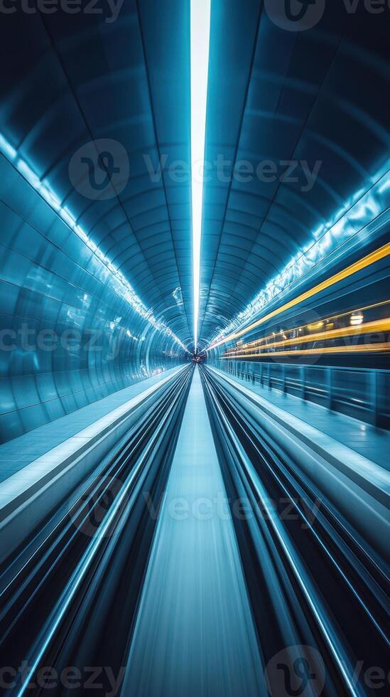 Fast train traveling through a futuristic underground tunnel illuminated with vibrant blue light photo