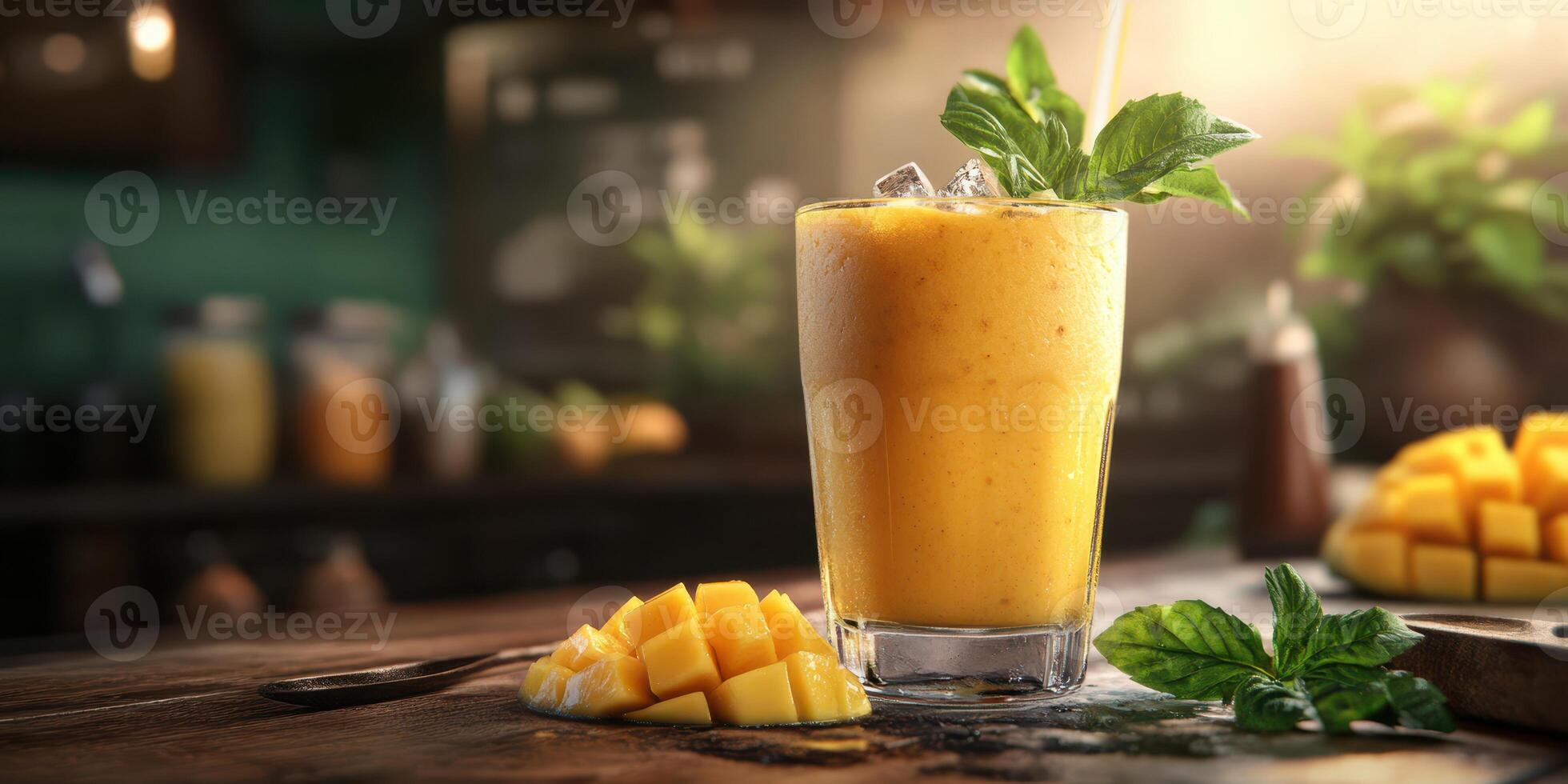 Refreshing mango smoothie with mint and fresh fruit on a wooden table in a cozy cafe setting during the golden hour photo