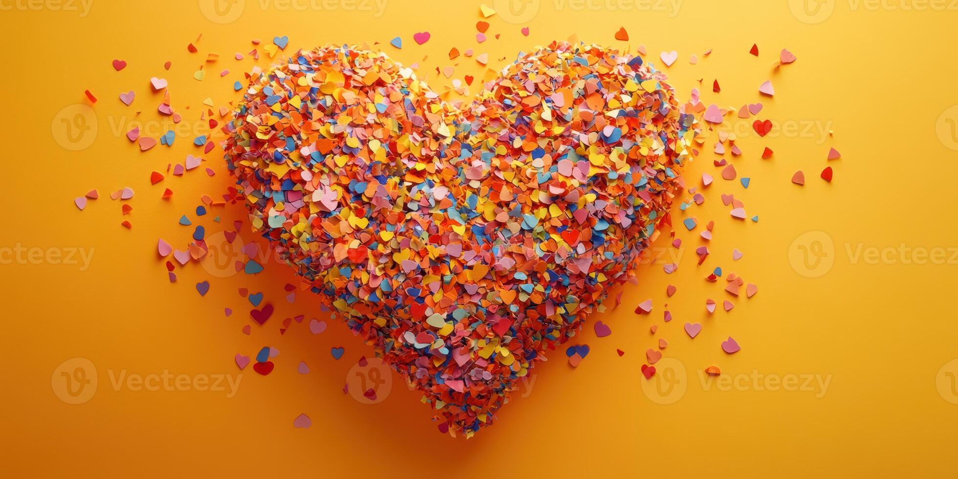 Colorful heart shape made of confetti on vibrant yellow background for festive celebrations and events photo