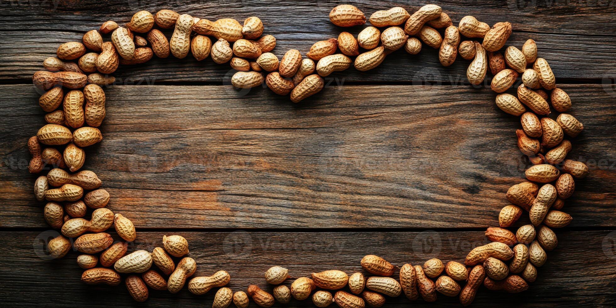 Peanuts arranged in a heart shape on rustic wooden surface for a creative food display photo