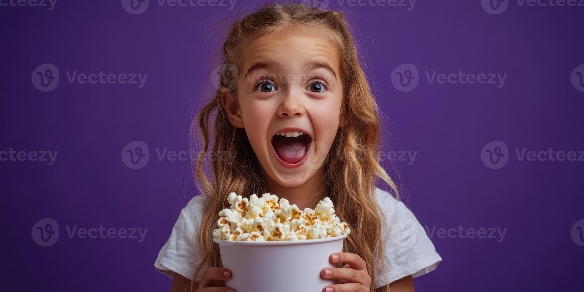 Child enjoys a large bowl of popcorn with excitement against a purple background during a fun movie night photo