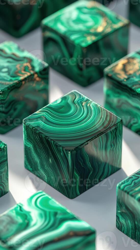 Unique green and black patterned crystal cubes arranged on a reflective surface reflecting sunlight in a serene setting photo