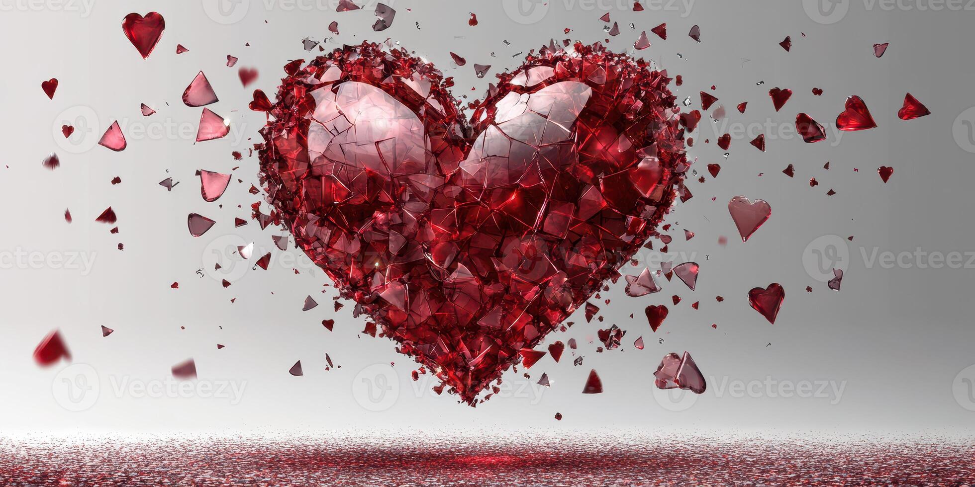 Shattered hearts create a beautiful pattern in dynamic red against a soft gray background photo