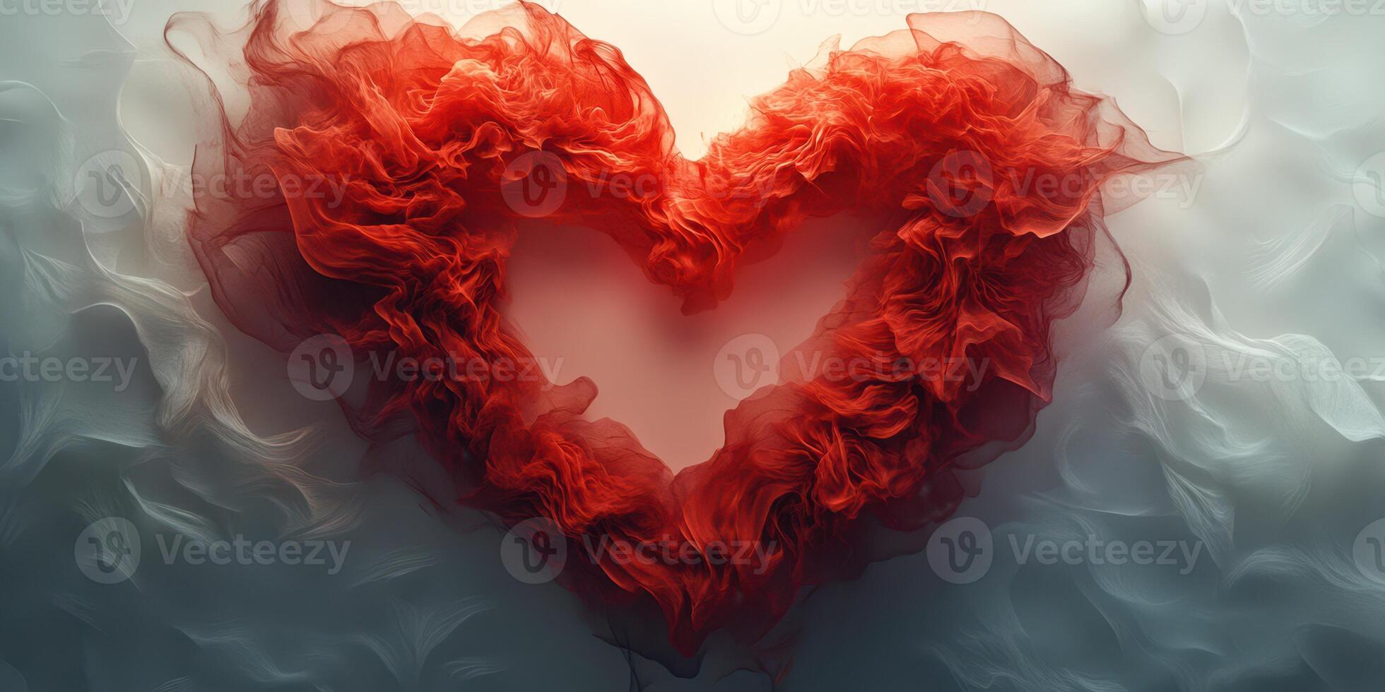 Creative artwork featuring a textured heart shape made of flowing red fabric against a soft background photo