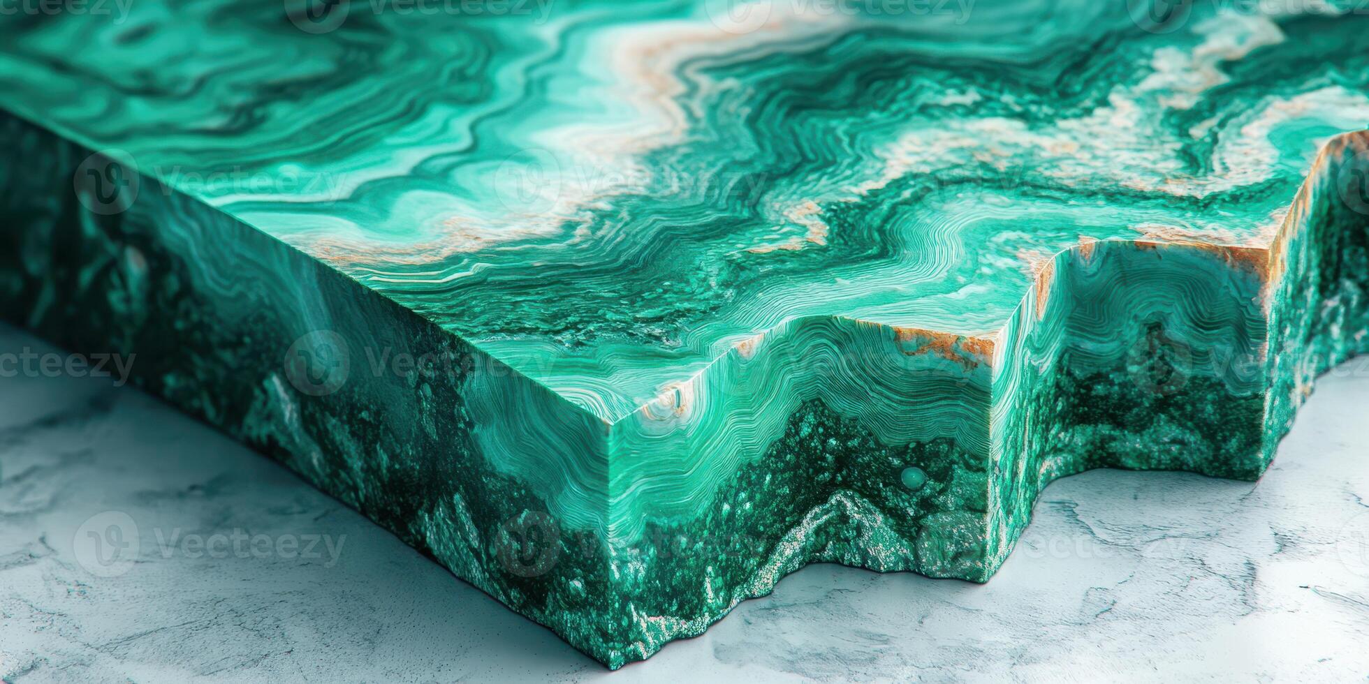 Stunning malachite quartz slab showcasing vibrant green hues and intricate patterns in a well-lit environment photo