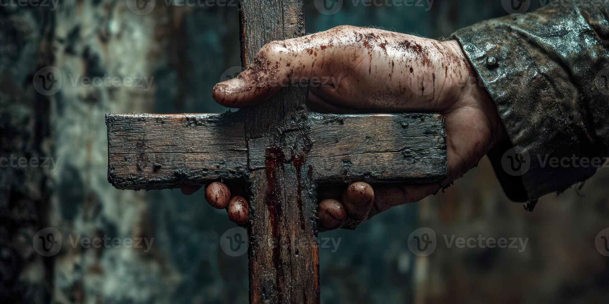 Hand holding a weathered wooden cross, stained and worn, symbolizing faith through struggle in a dimly lit environment photo