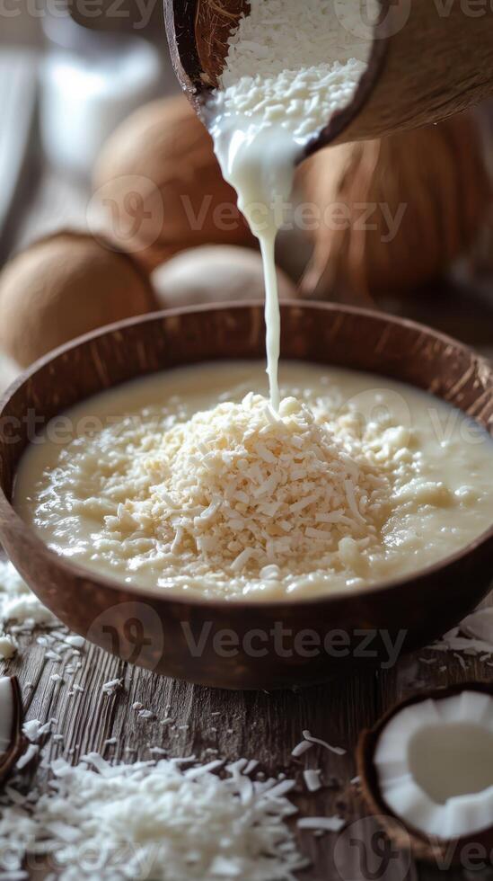 Creamy coconut pudding recipe preparation with fresh ingredients in rustic kitchen setting photo