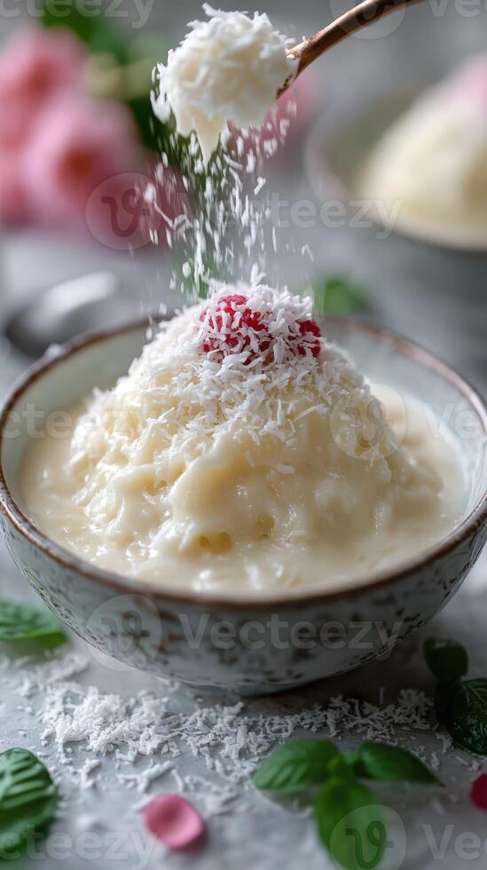 Creamy coconut dessert topped with raspberry and shredded coconut in a beautiful bowl photo