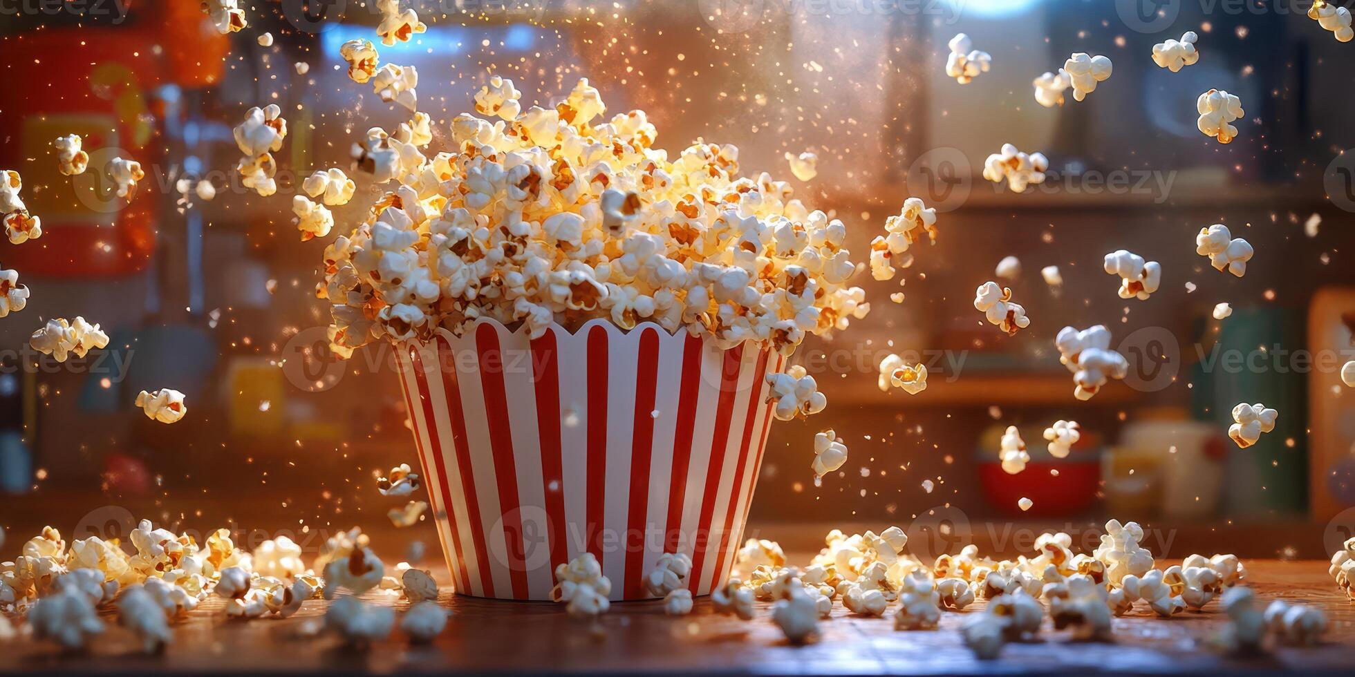 Delicious popcorn bursting from a striped container in a cozy kitchen during a movie night photo