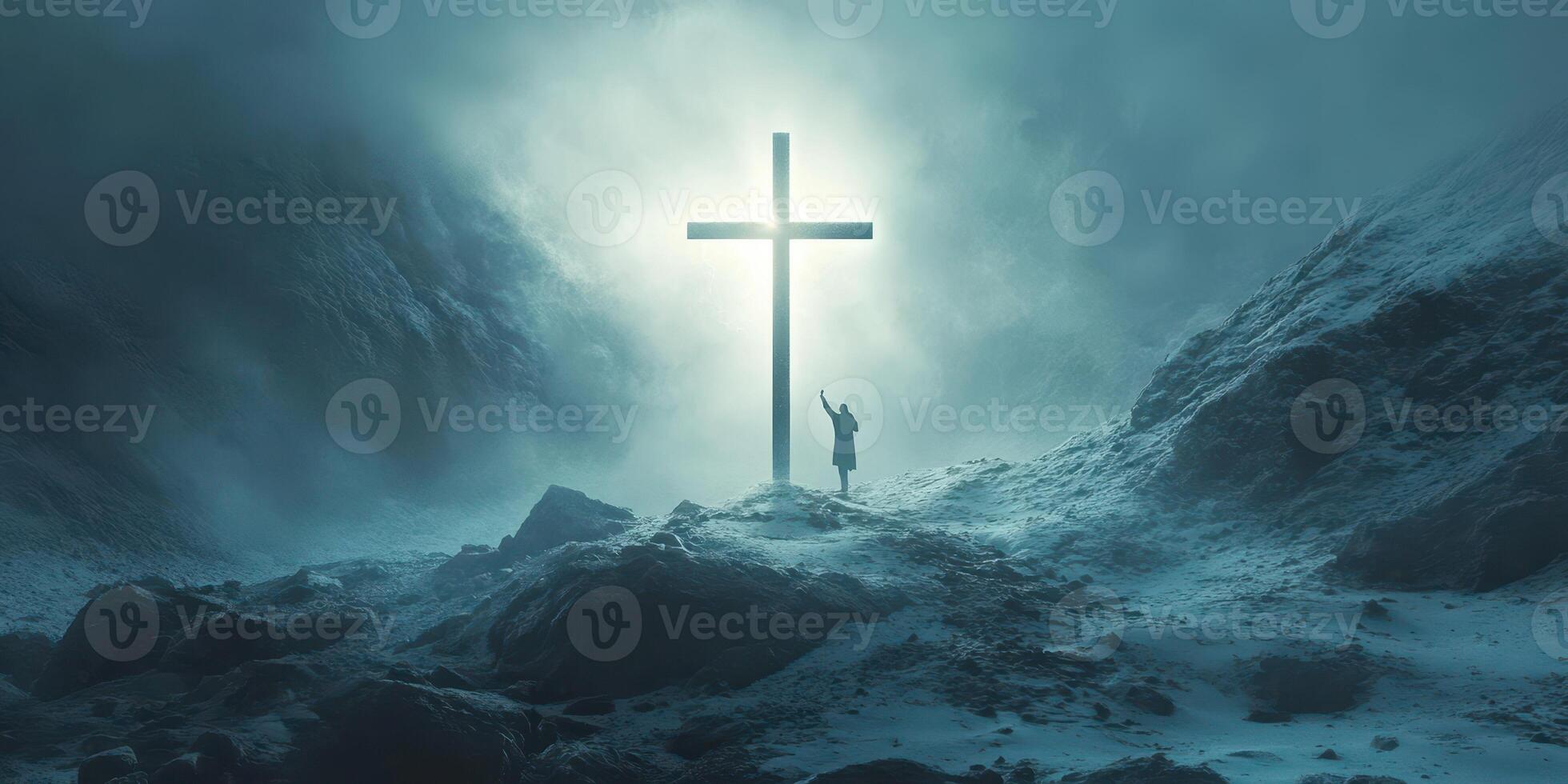 Light radiates from a cross as a figure reaches out in a serene, snowy mountain landscape during twilight photo