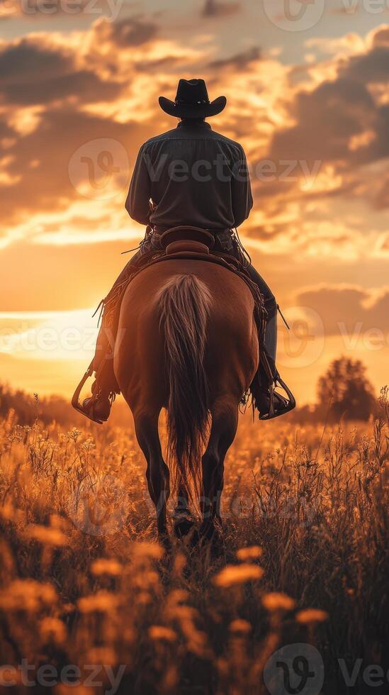 Cowboy riding a horse against a vibrant sunset in a golden field during late afternoon photo