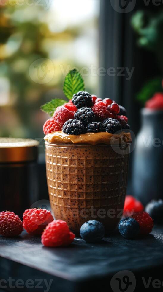 Delicious dessert with colorful berries in a waffle cup on a dark surface and natural light photo