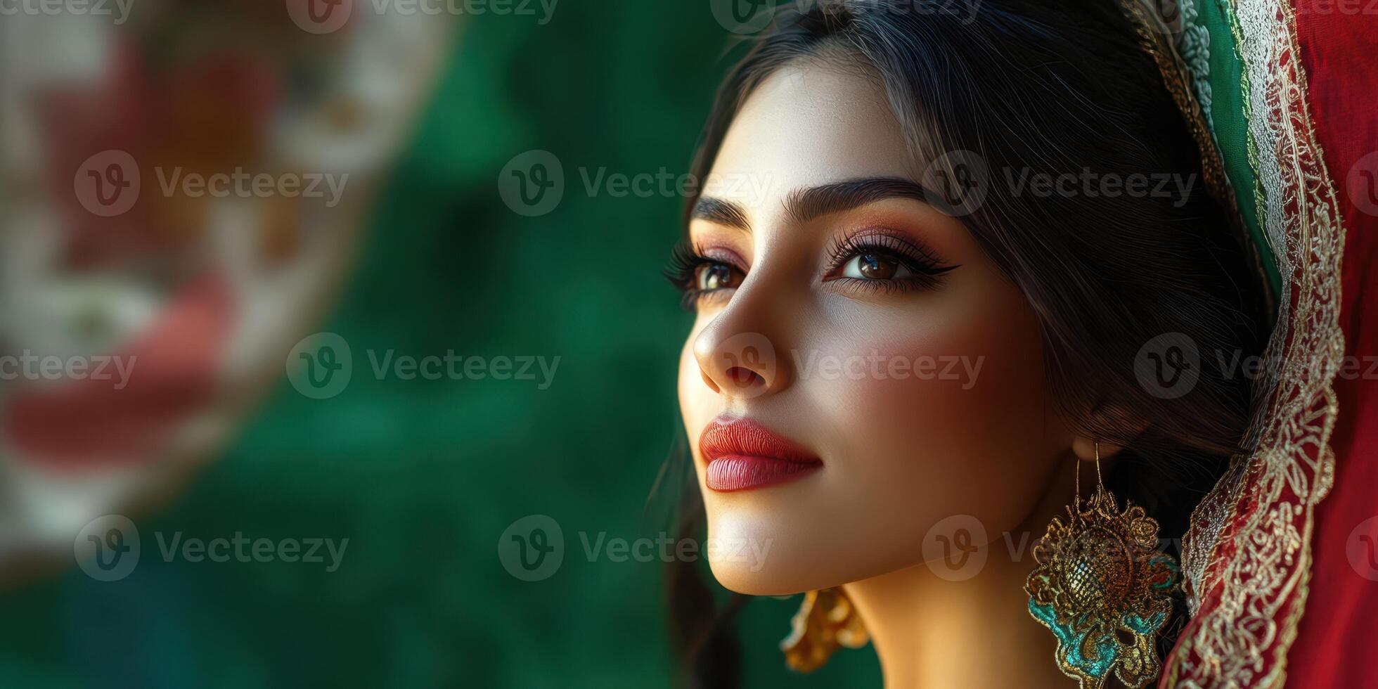 Beautiful young woman with traditional earrings and elegant attire against a colorful background photo