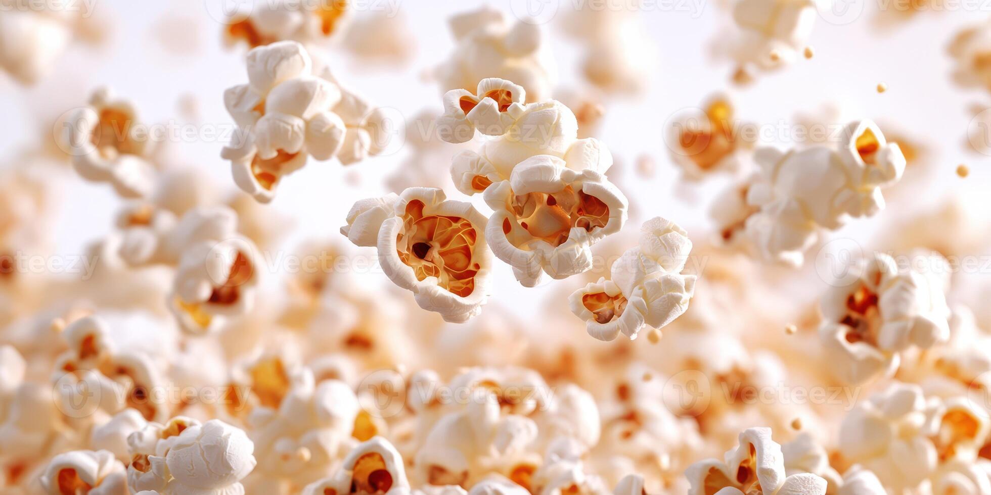 Popcorn kernels bursting in mid-air, showcasing the delicious snack in an engaging visual display photo