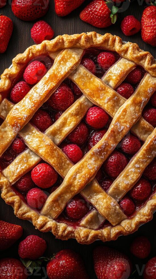 Freshly baked strawberry pie with a golden lattice crust surrounded by ripe strawberries on a wooden table photo
