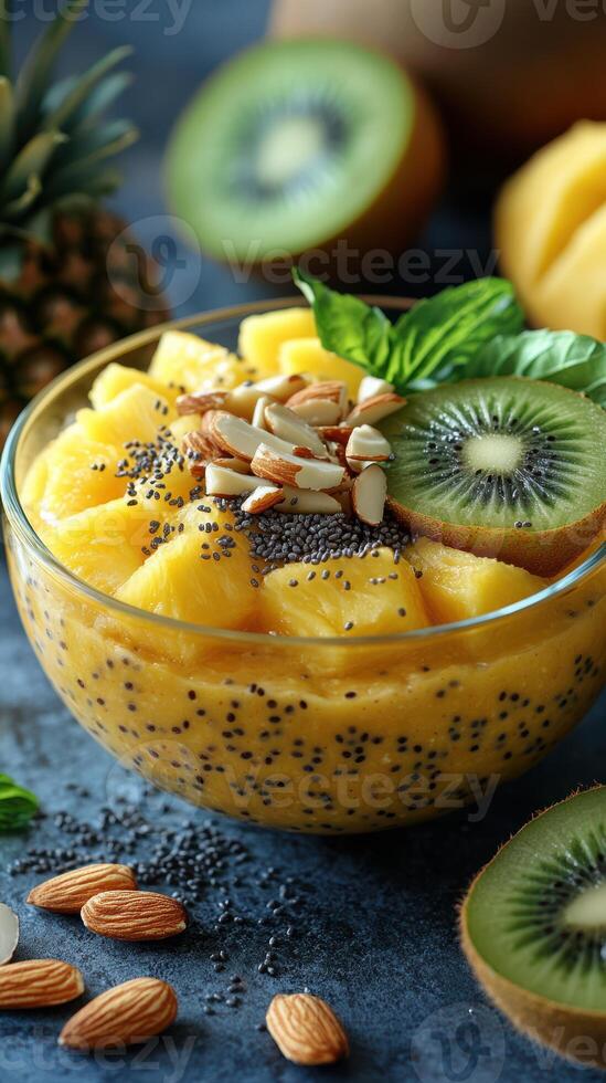 Fresh tropical fruit bowl with kiwi, pineapple, and chia seeds served in clear glass on blue background photo