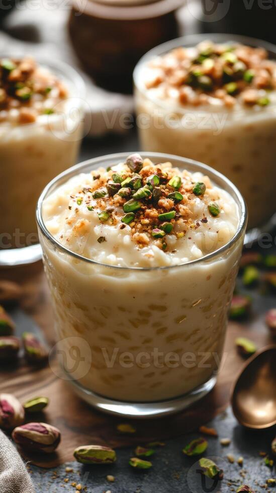 Creamy dessert topped with crushed nuts and pistachios in a cozy kitchen setting photo