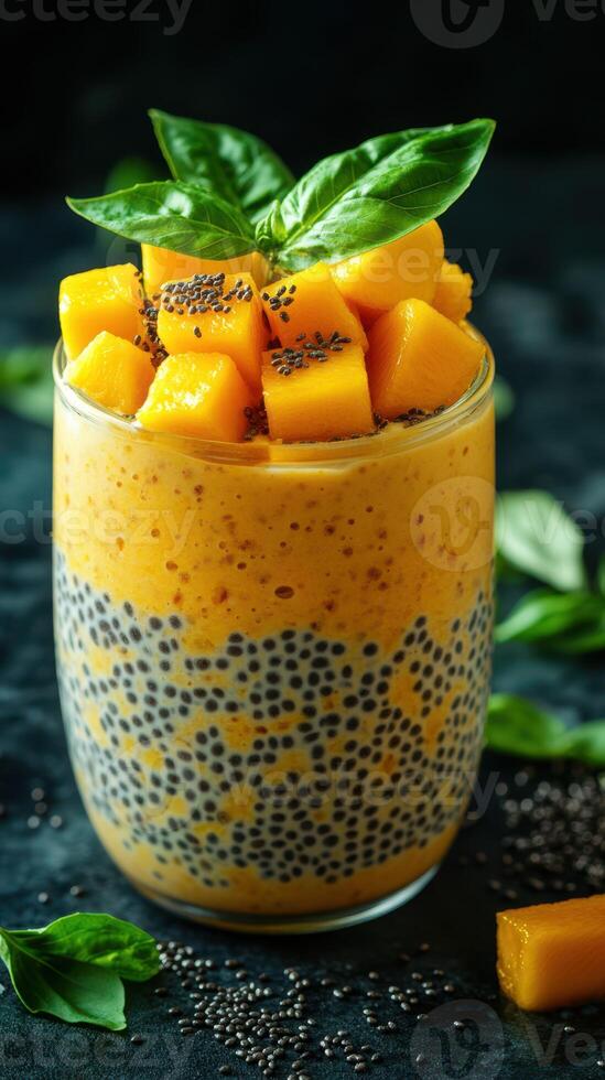 Delicious mango chia pudding topped with fresh mango cubes and basil on a dark textured surface photo