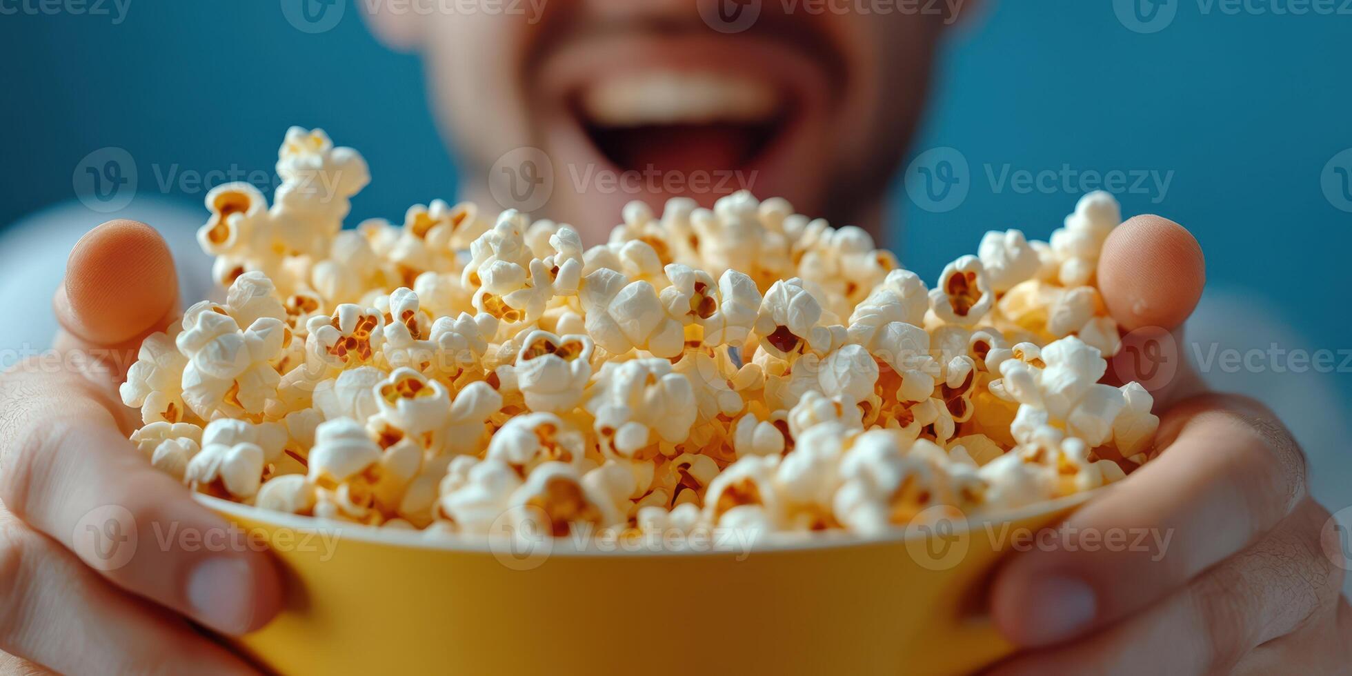 Enjoying a large bowl of freshly popped popcorn at home during a movie night with friends photo