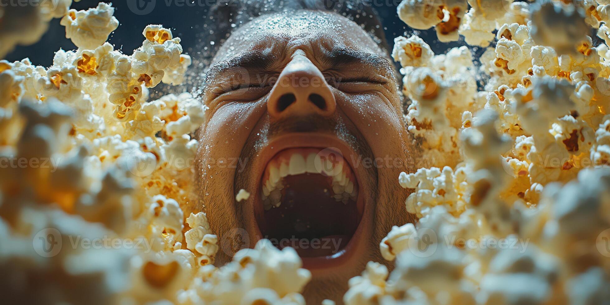 Man screams with joy surrounded by popcorn during a lively movie night celebration at home in the evening photo