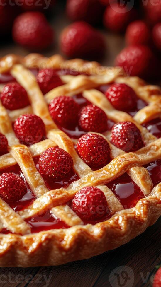 Fresh strawberry pie with a golden lattice crust, served with a side of ripe strawberries in a rustic kitchen setting photo