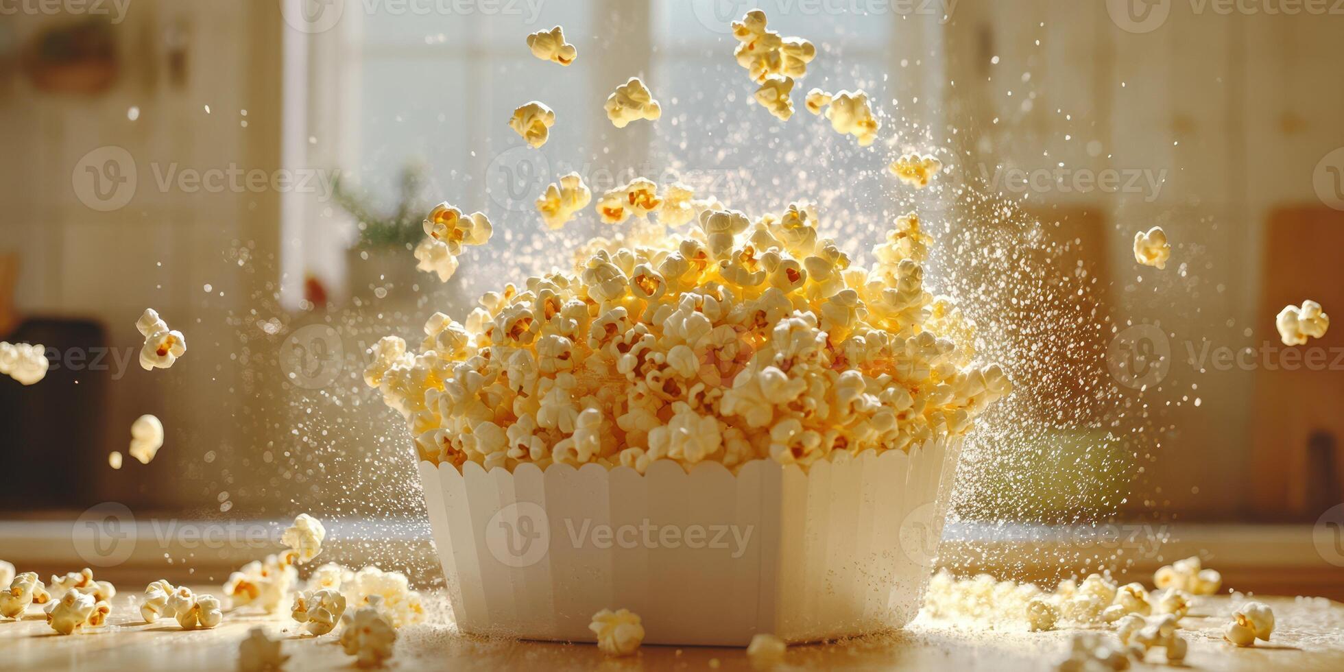 Popcorn erupts from bowl while preparing for a movie night at home with friends in a cozy living space photo