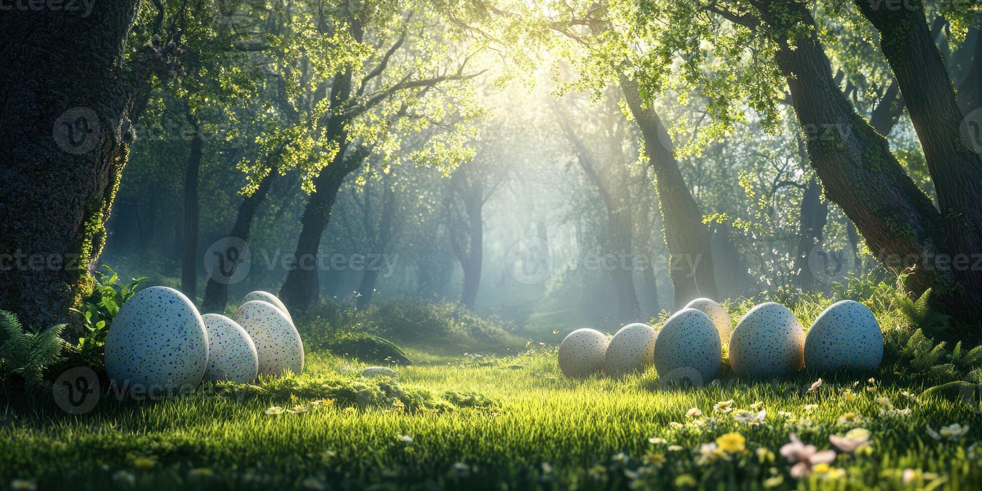 Enchanted forest with large speckled eggs resting peacefully in the serene green meadow at dawn photo