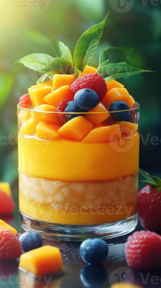 Colorful fruit parfait with mango, berries, and creamy layers served in a glass during a sunny day photo