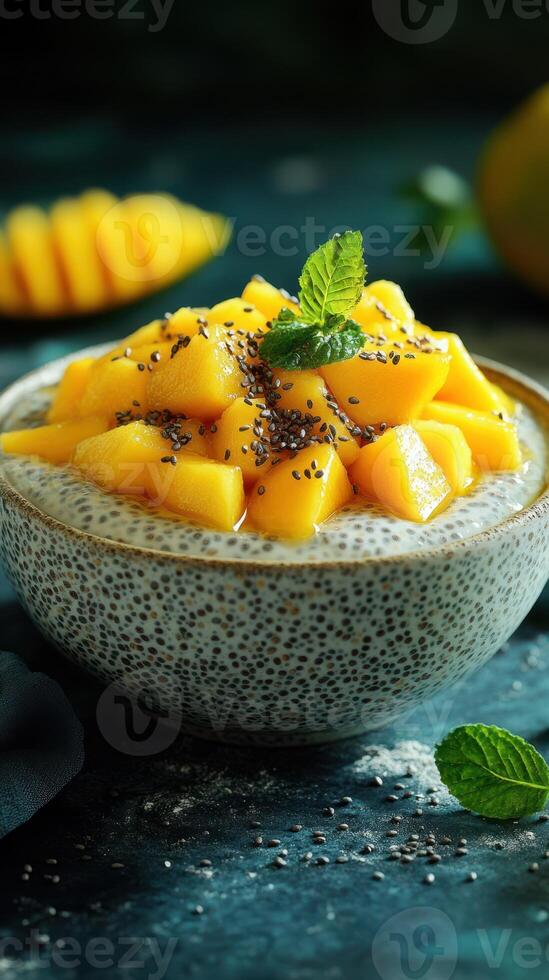 Delicious mango chia pudding topped with fresh mango chunks and mint leaves served in a textured bowl photo