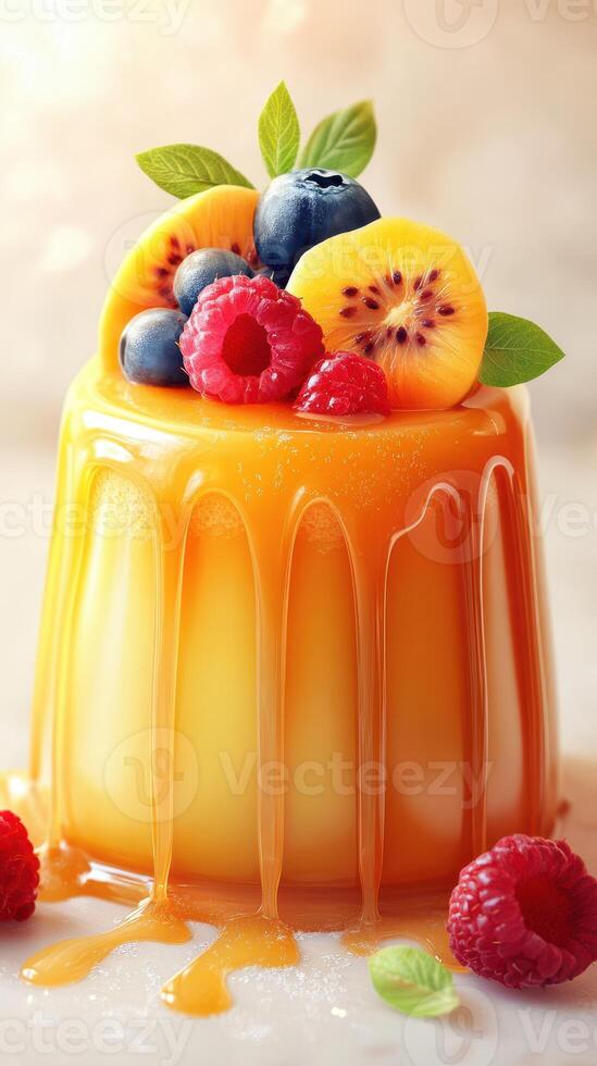 Colorful dessert topped with fresh fruits and caramel drizzle on a light background photo