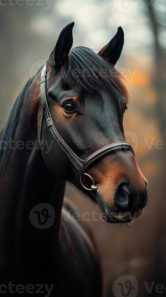 Majestic dark horse standing in a serene, blurred forest backdrop during golden hour photo