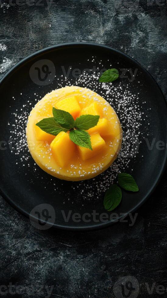 Delicious mango dessert topped with fresh fruit and mint on a dark background for a tempting culinary treat photo