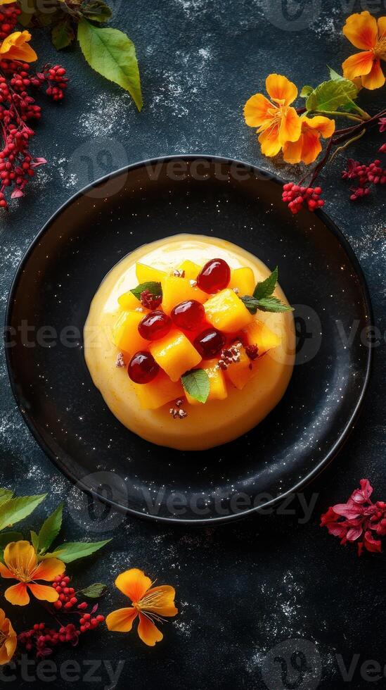 Delicious dessert featuring tropical fruits and vibrant flowers served on a dark plate photo