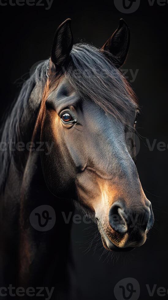 Majestic black horse with flowing mane gazes into the distance under soft light photo