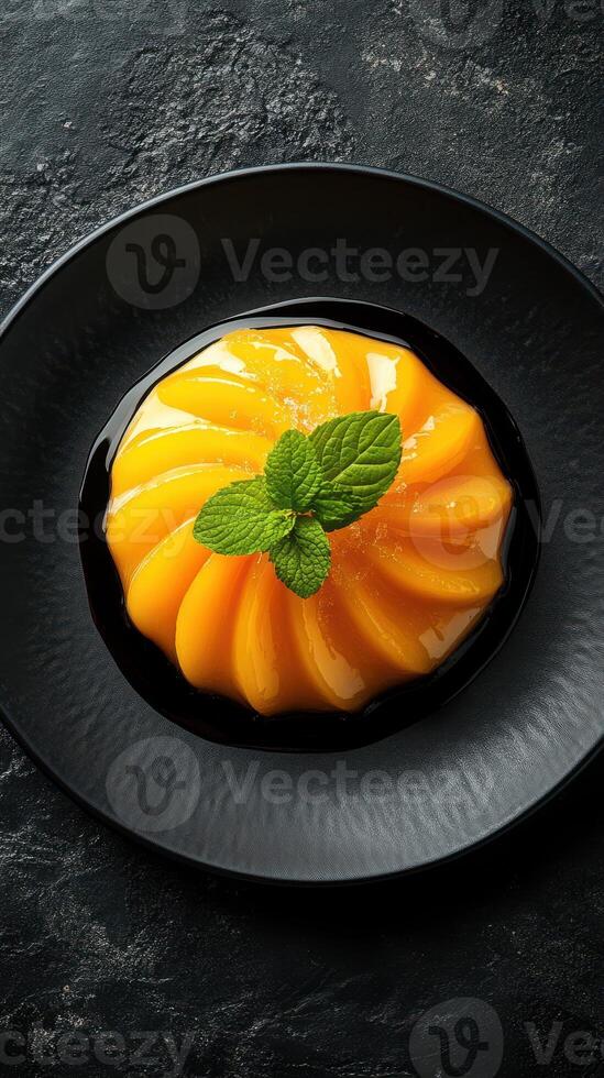 Delicious mango mousse dessert served on a black plate with mint garnish photo
