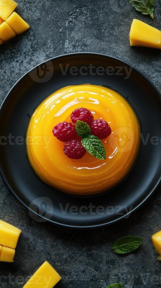 Mango mousse topped with fresh raspberries and mint served on a black plate with mango pieces nearby photo