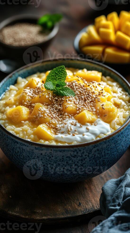 Delicious mango rice pudding served in a blue bowl with fresh mint and sesame seeds on a rustic wooden table photo